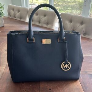 Michael Kors Navy Satchel with Gold Accents